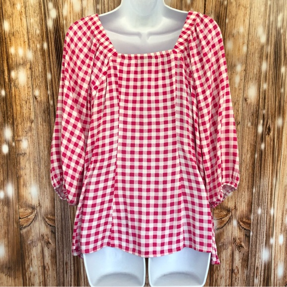 Torrid Fit & Flare Rayon Slub Button Up 3/4 Sleeve Pink Gingham Top - Picture 14 of 14